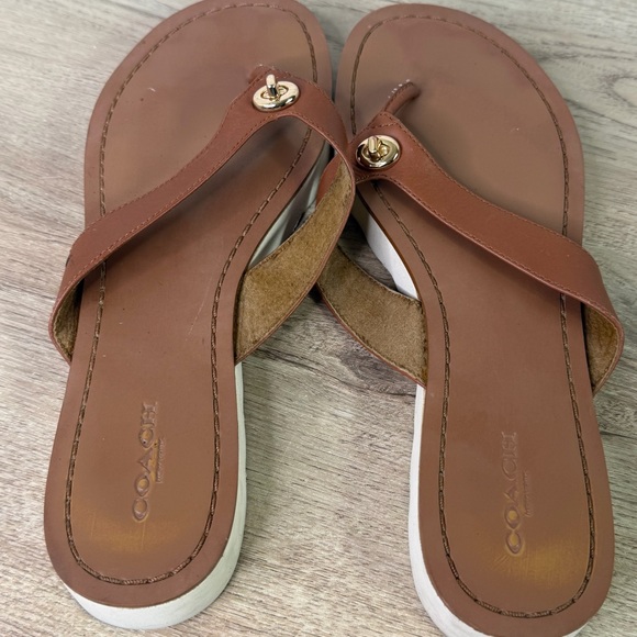 Coach Tan Leather Sandals with Gold Detail - Picture 3 of 6